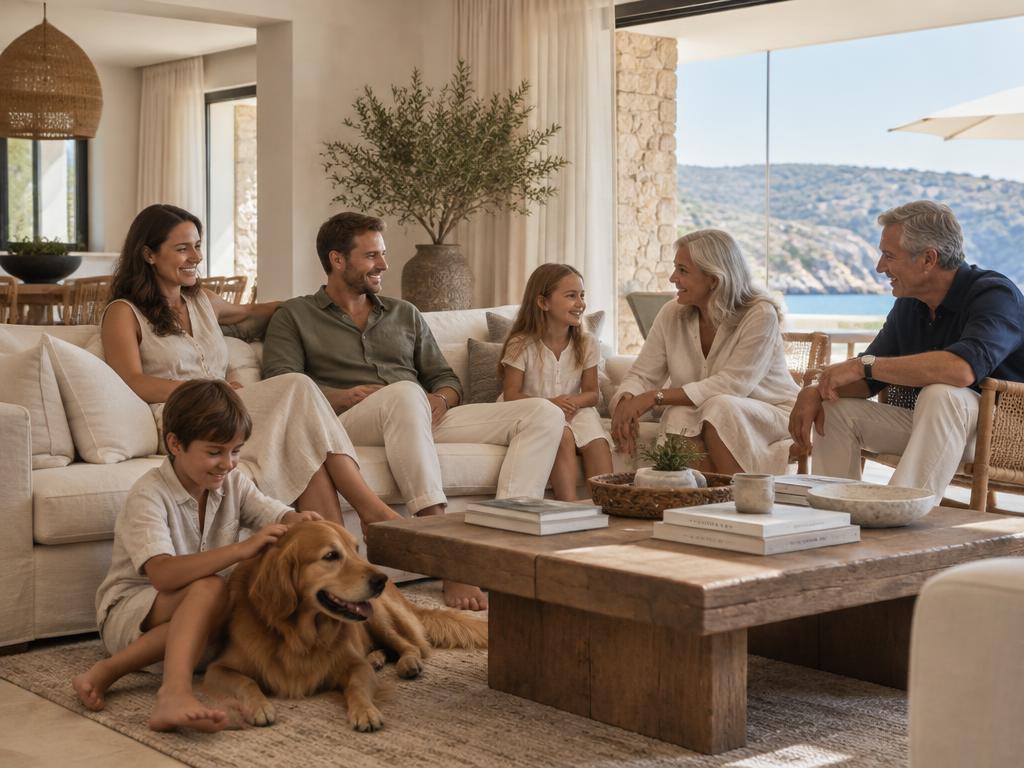 Family relaxing in a bright luxury villa living room